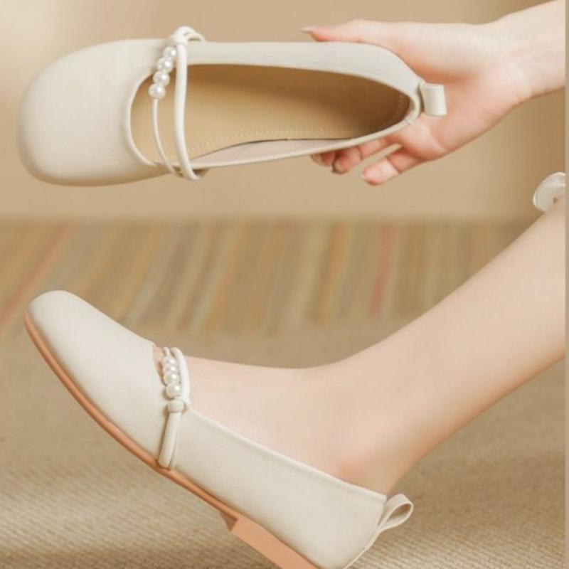 Ladies Footwear Round Toe Low Heel Elegant Pearl Beige Women's Flat Shoes Spring Vacation Summer 2026 Quick Delivery on Sale