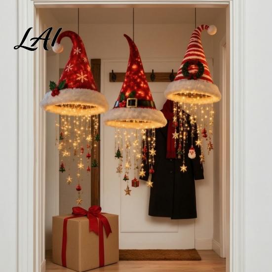 Reusable Xmas Entrance Decorations Lighted Santa Hat Hanging Chandelier Warm LED Christmas String Sequined Cone Pendant Decor with Housewarming