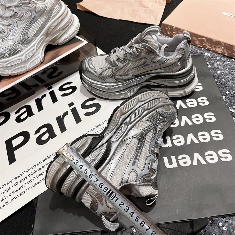 Paris High-end Thin Mesh Dad Shoes Women's Spring and Summer Thick-soled Lightweight Sports Shoes Versatile Silver Casual Shoes