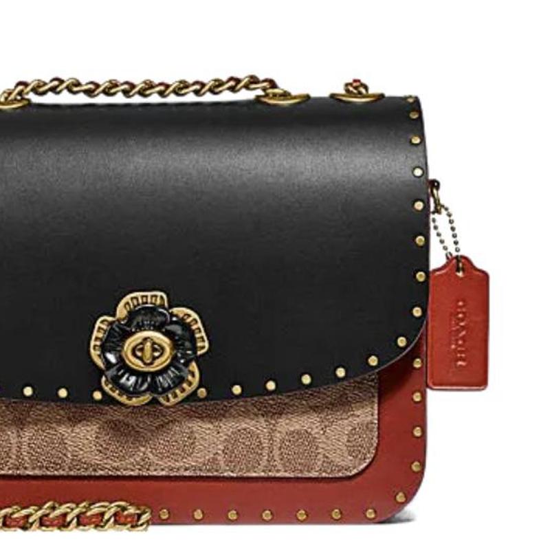 Coach Сумка через плечо Madison 24 camellia металлические заклепки украшенная замок-защелка клапан коровья кожа и змеиная кожа конверт кроссбоди среднего размера женская черная