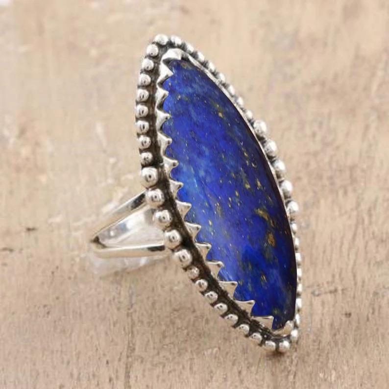 Lapis Lazuli Gemstone Marquise Ring, Statement Ring, Bezel Ring, Bohemian Ring, Party Ring, Handmade Ring, 925 Silver Jewelry