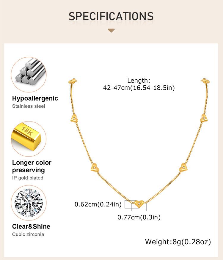 Zirconia Heart Love Necklaces for Women, Gold Plated Bead Chain Necklace, Waterproof Stainless Steel Gift