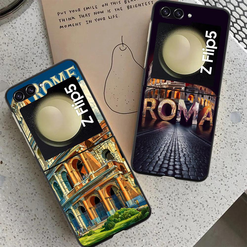 Roman Colosseum Black Phone Case For Samsung ZFlip7 ZFlip6 ZFlip5 ZFlip4 ZFlip3 5G Hard Protective Galaxy Z Flip 3 4 5 6 7