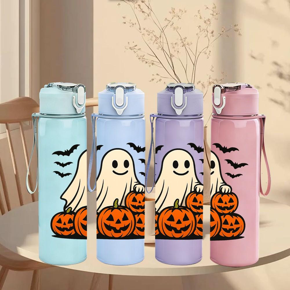 1PC Ghost Pumpkin Halloween 750ml Color Plastic Sports Water Bottle Leakproof Flip Straw Lid Suitable for Sports Office Home Use