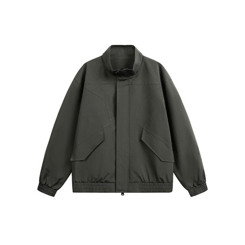 Minimalist Utility Jacket Men Women Stand Collar Zip Front Asymmetrical Slant Pockets Drawstring Hem Loose Fit