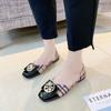 Spring and Summer Square Head Flat Plaid Cloth Low Heel Retro Hong Kong Style Grandma Shoes Metal Buckle Single Shoes Women's Flat Shoes