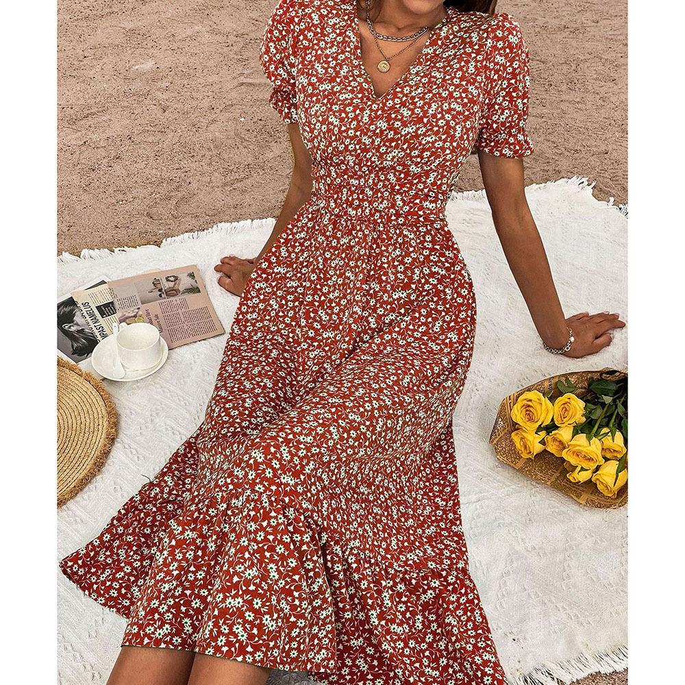 Длинное платье с v-образным вырезом и цветочным принтом для женщин, летнее платье макси с короткими рукавами и высокой талией, дышащее легкое платье для работы и отдыха