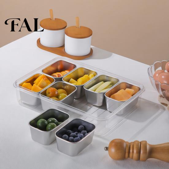 Organized Food Tray for Snacks Snackle Box Container, Stainless Steel Divided Serving with Lid & Handle, 8 Compartment Large Snack Portable