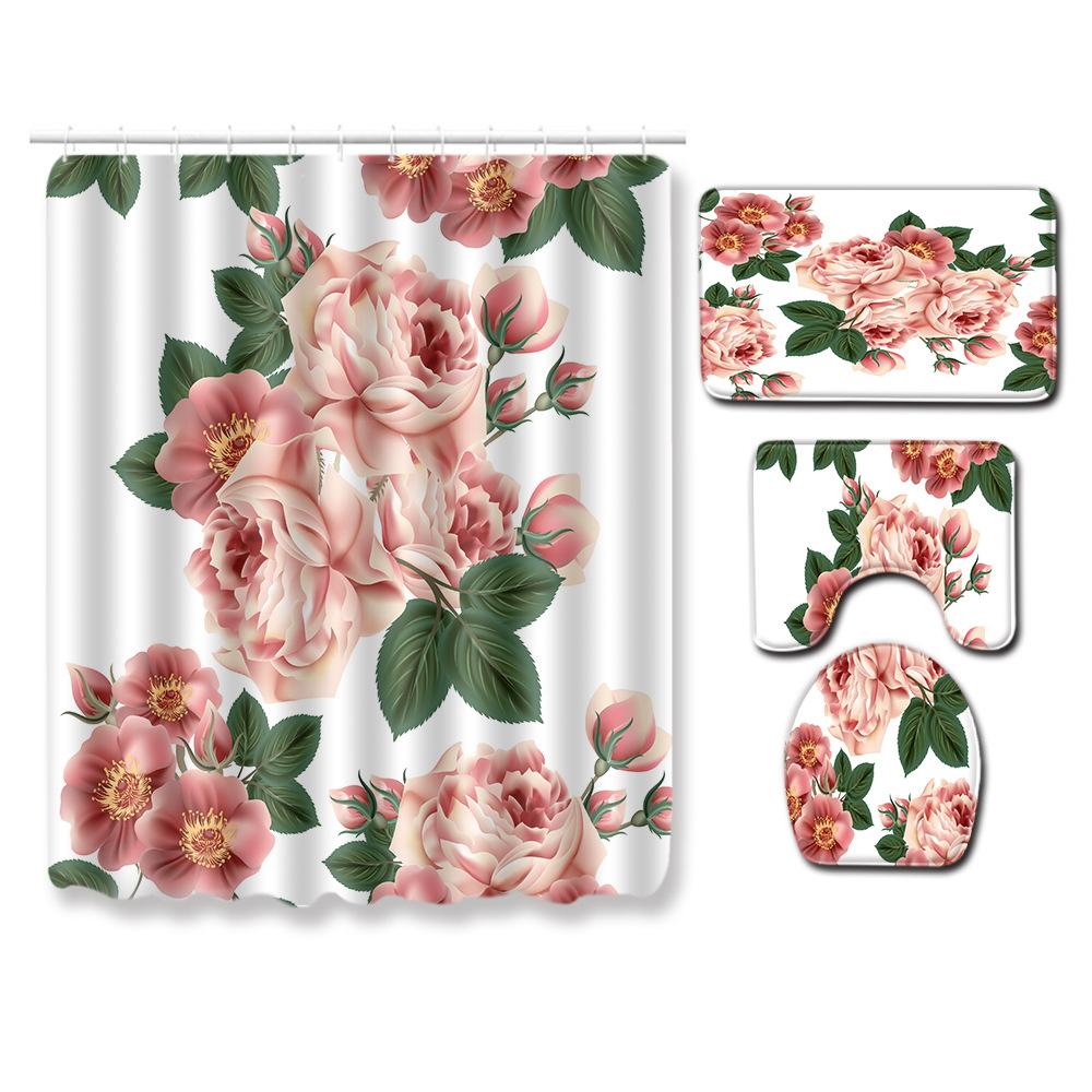 Painted Flowers Bathroom Shower Curtain Floor Mat Toilet Cover Foot Mat Four-Piece Pattern Size Fixed Zhi