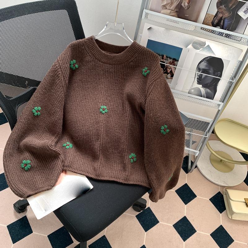 Женский ретро-свитер с цветочной вышивкой для осени и зимы, свободный и ленивый стиль, высококачественный корейский трикотаж