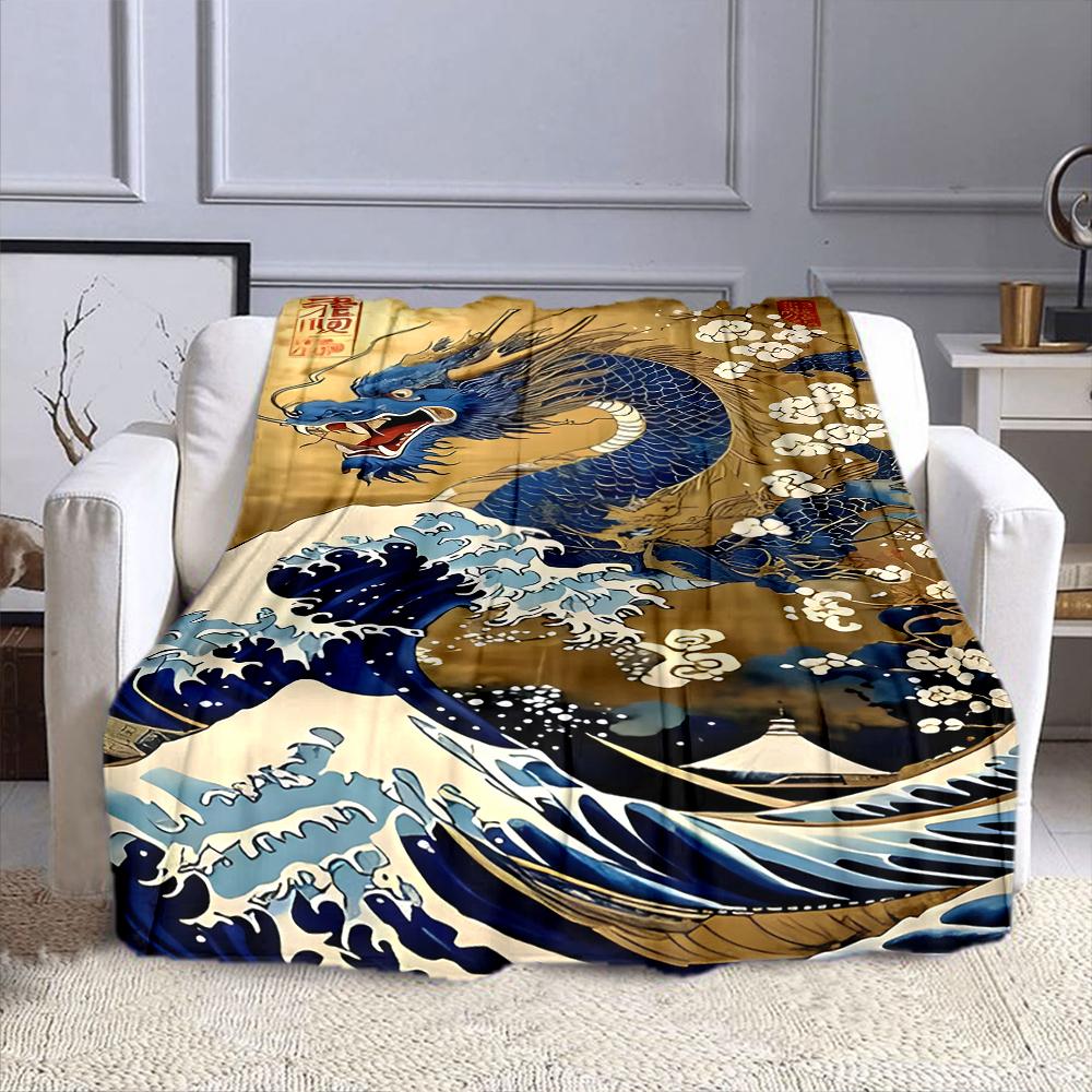 "Majestic Blue Dragon Over Waves" Patterned flannel blanket perfect for the bedroom living room, sofa, or a little nap