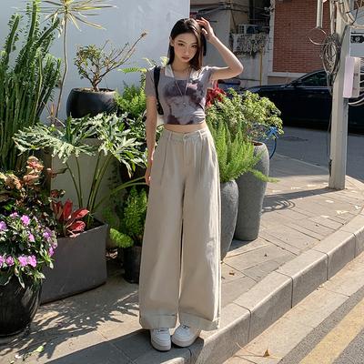 Прямые брюки для женщин Весенние джинсы с подворотами для женщин Утягивающие джинсы с высокой талией Широкие брюки для женщин Весна Широкие брюки для женщин Весна