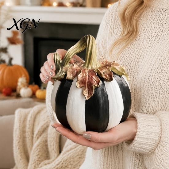 Hand Painted Retro Style Decor Black And White Striped Pumpkin Ornament, Resin Three Dimensional Sculpture Tabletop Centerpiece, Halloween Ornament