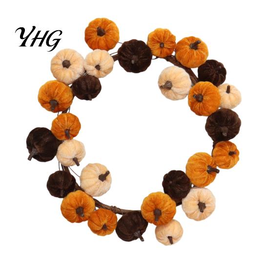 Artificial Floral Wreath Thanksgiving Pumpkin Wreath, Velvet Ornament, Fall Harvest Hanging Teardrop Autumn Swag with Burlap Bow for Front Door