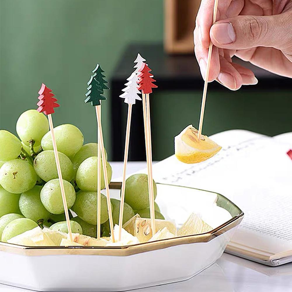 50PCS Xmas Tree Fruit Picks Disposable Bamboo Skewers Colorful Christmas Party Food Decoration Supplies