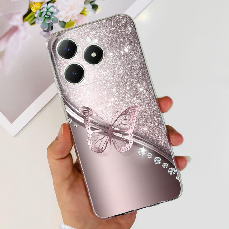 Для Realme C63 C61 Narzo N61 N63 Чехол Цветок Бабочка Женская Мода Задняя Крышка Прозрачный Мягкий Тонкий Силиконовый Бампер Оболочка
