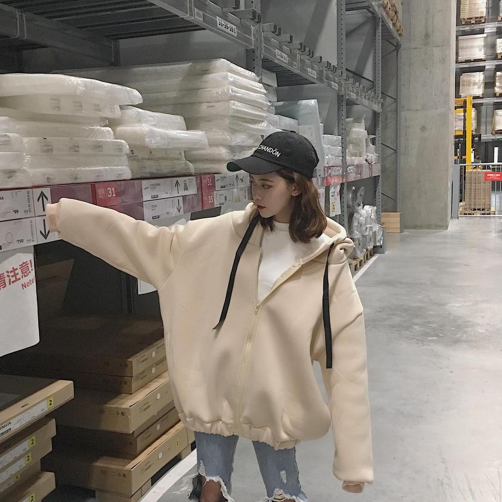 2020 Korean Style Thick Fleece-Lined Hooded Zip-Up Mid-Length Sweatshirt Jacket for Women