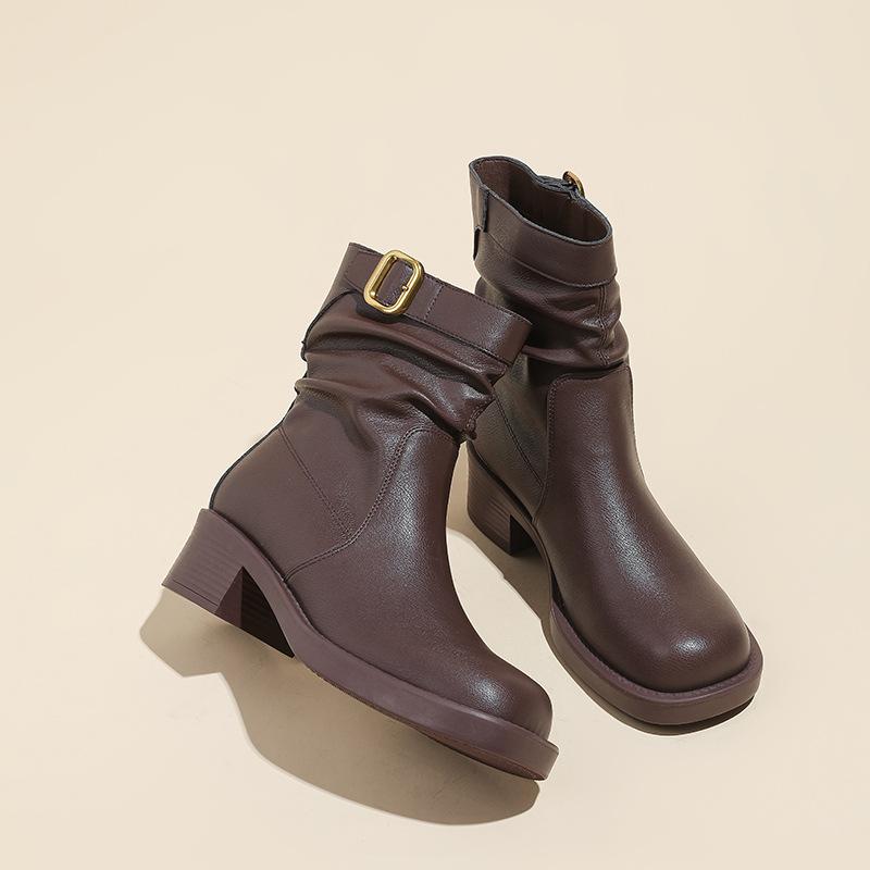Популярные в этом году ботинки в западном стиле, ретро, плиссированные, короткие ботинки, женские, осень-зима 2025, новые, с круглым квадратным носком, на толстом каблуке, ботинки Мартин