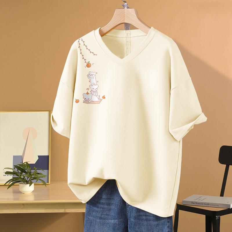 Футболка с коротким рукавом, Свободного кроя, Приталенный топ с V-образным вырезом с принтом для женщин