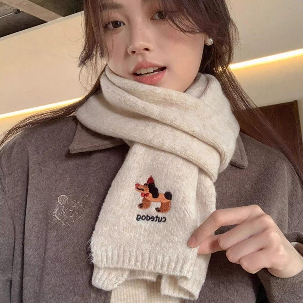 Plush Knitted Scarf Dachshund Winter Wool Scarves Retro Dog Embroidered Shawl Autumn Winter