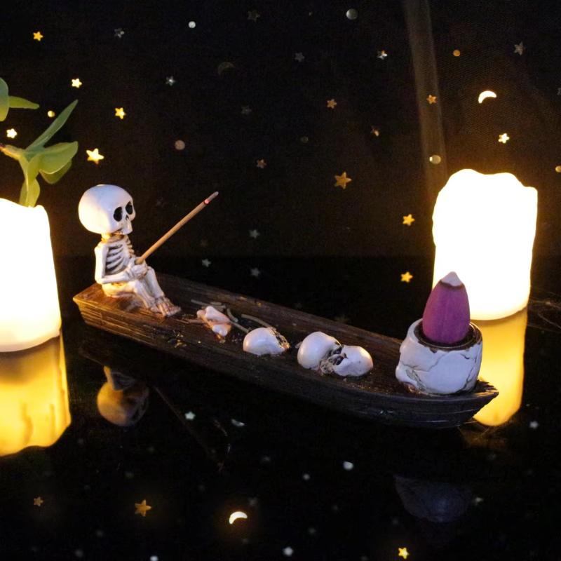 Skull Boat Shaped Incense Holder Vintage Style Incense Burner Stand for Study Room Tea House Meditation Space Decor