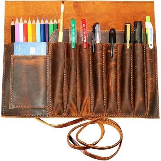 New Genuine Leather Pencil Roll Brush Case Pen Holder Organizer Brushes Ruler Stationary Pouch Gift for Students Artist Painter