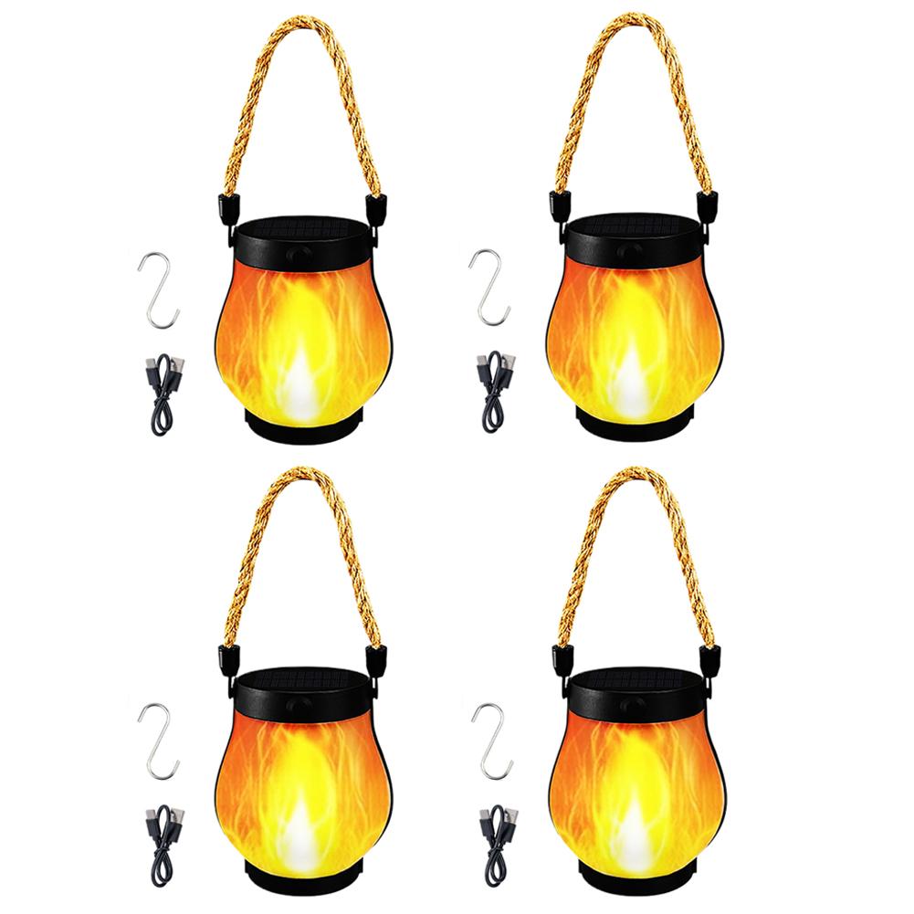 Solar Flame Light Rechargeable Hanging Courtyard Decoration Garden Lantern Lighting Lamp with Hemp Rope Outdoor Camp Decor Lamp