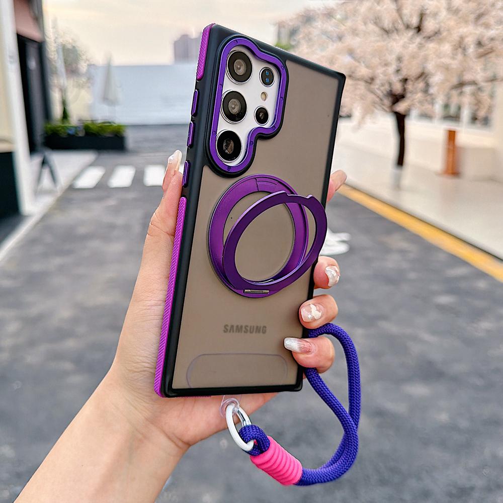 KEYSION Магнитный чехол для телефона с кольцом-подставкой 360° для Samsung Galaxy S23 S24 Ultra 5G S24+FE Матовый полупрозрачный с ремешком Ударопрочный чехол