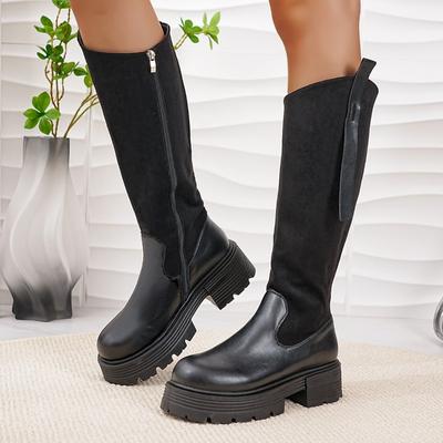Сапоги до колена Осень Новые Круглый носок Комбинированные Боковая молния Платформа Нескользящие Износостойкие Блочный каблук Одинарные сапоги