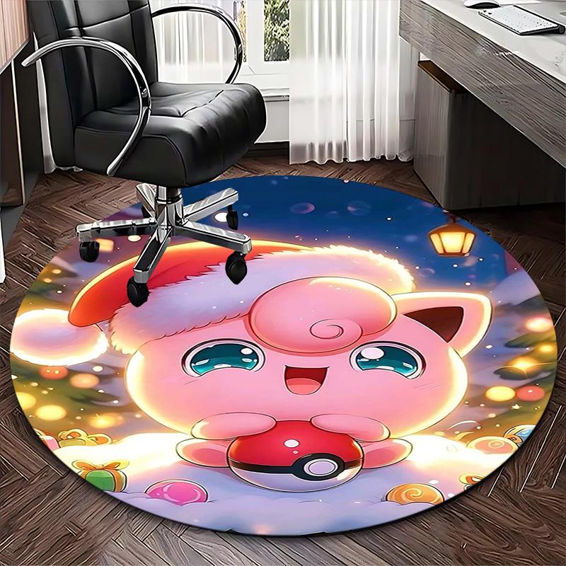 1pc Christmas Jigglypuff Pokémon Round Carpet - Anime Design, Holiday Gift, Office Chair Mat, Non-Slip Rug for Home Decor, Living Room, Bedroom, Game