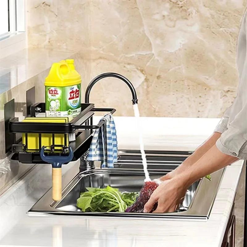 Aluminum No-Drill Kitchen Storage Rack - Sink Drain Rack with Self-Draining Shelf Sponge/Dishcloth/Towel Holder & Filter Basket