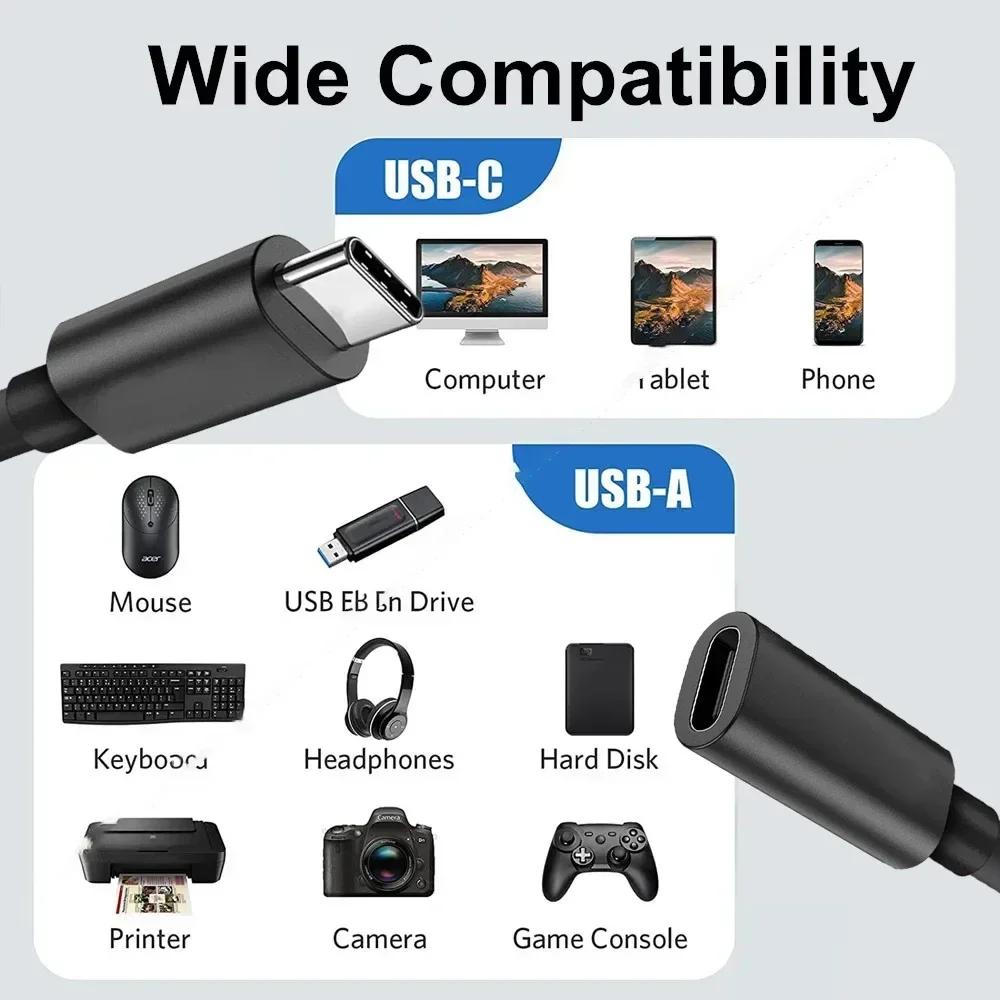 Кабель-удлинитель USB C Быстрая зарядка Кабели для передачи данных Type-C Папа-Мама Удлинительный шнур Разъем для зарядного устройства для ноутбуков Планшетов