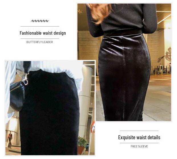 Ретро Осенне-зимняя черная бархатная миди-юбка с высоким поясом и разрезом - Облегающий силуэт