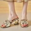 Slippers Women Shoes High Heels Gold Big Flower Square Open Toe Sandals for Ladies Sexy Hollow Heel Rubber Sole Shoe Outdoor
