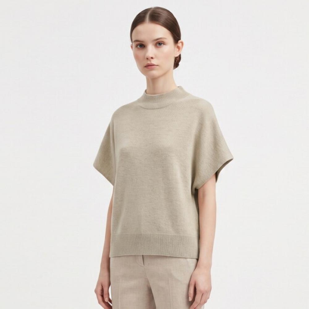 Shop Women S Mock Neck verSatile Plain Short Sleeve Knit Beige Bom Wkn260045