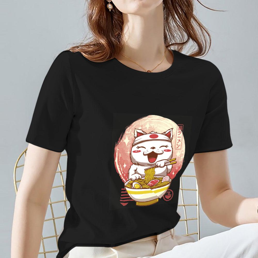 Женская одежда, футболка, топы, модная повседневная футболка с рисунком японского оранжевого кота и принтом, тонкая черная футболка с круглым вырезом