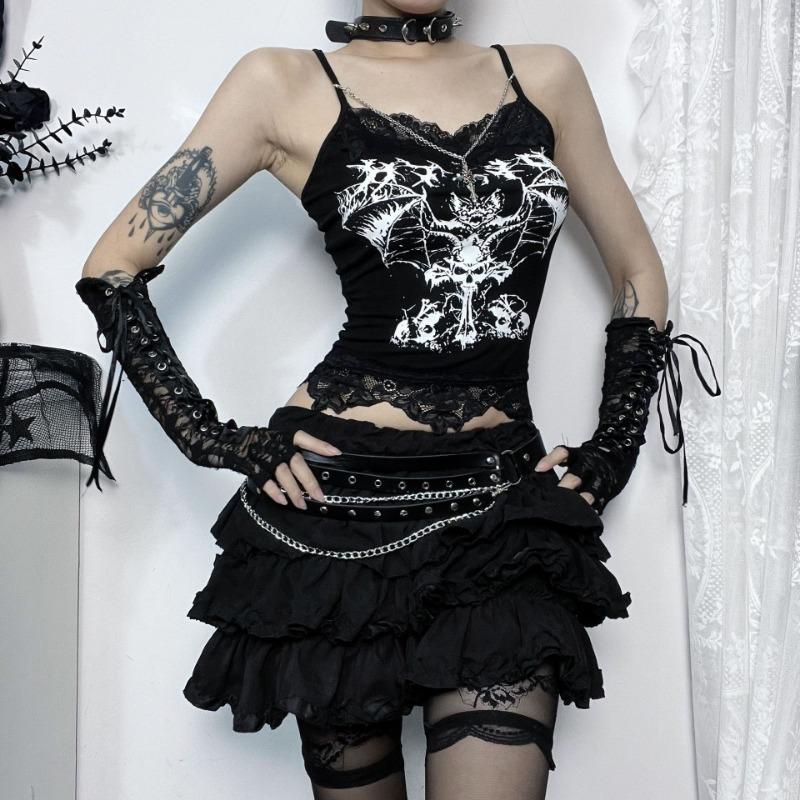 AltGoth Gothic Punk Майки женские Уличная одежда Harajuku Y2k Grunge Graphic Bat Printed Кружевной пэчворк Укороченный топ с цепочкой Femme