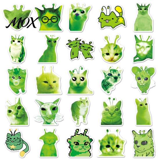 Personalized Stickers for Travel Luggage 50Pcs Funny Alien Cat Stickers, Waterproof Green Meme Vinyl Decals, Emoticon Skateboards Abstract Weird