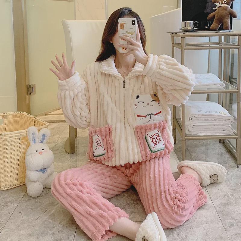 Женская зимняя пижама больших размеров из кораллового и жаккардового бархата - Милая и уютная домашняя одежда (До 200 фунтов)