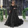 Elegant Gold Sequin Beaded Evening Gown With Puff Sleeves Mermaid Silhouette Zipper Back Wedding Party Prom Gala