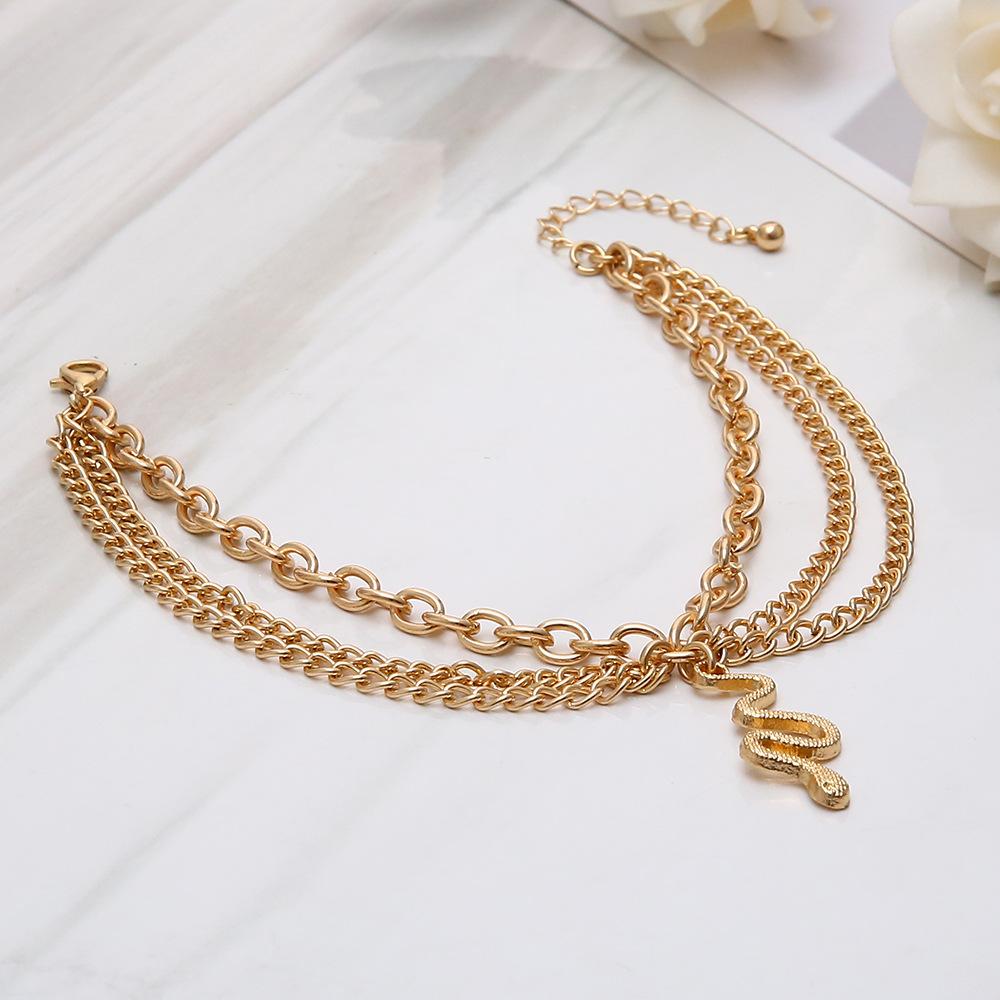 Europe and The United States Cross-border Fashion Jewelry Gold Cross Chain Foot Tassel Snake Pendant Three-tier Anklet Female.