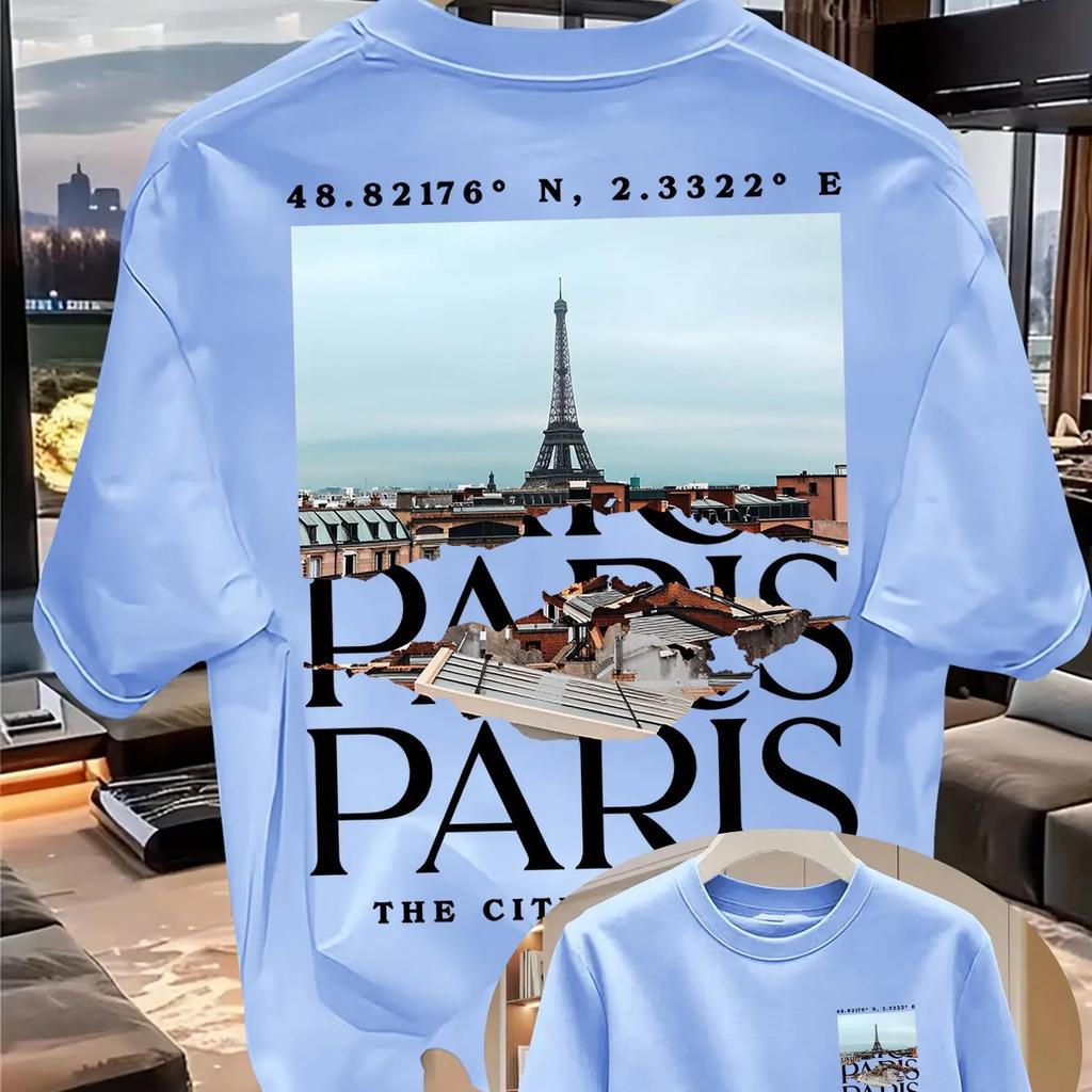 Retro Torn Paper Eiffel Tower Coordinates City Landscape Pattern Mens  Cotton Tshirt Breathable Loose Souvenir Top