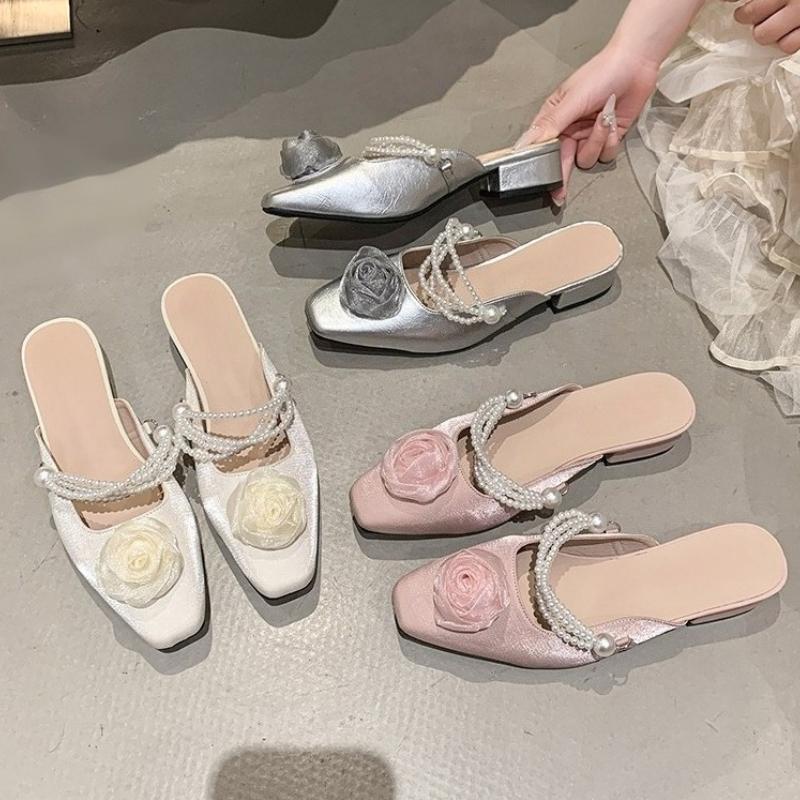 Fashion Elegant Mid Heels Women Slippers Flower Bead Heeled Shoes 2025 Fashion New Sandals Pumps Summer Trend Square Toe Shallow Slides