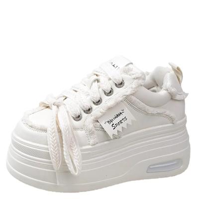 Модные 8см женские массивные кроссовки осень высокая платформа кожаная обувь толстая подошва вулканизированная обувь дышащие женские повседневные папины кроссовки