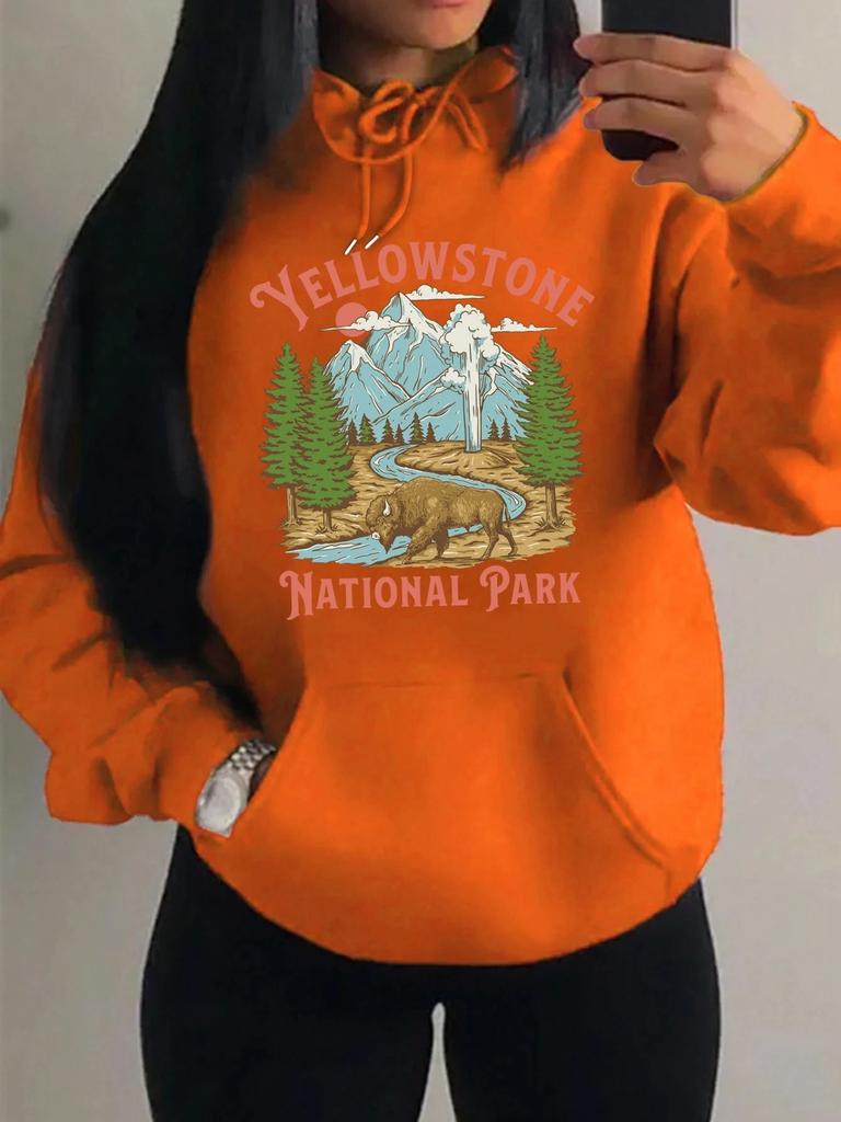 Park Pattern, Letter Print Women'S Hoodie Autumn Loose Casual Pocket Fleece Pullover