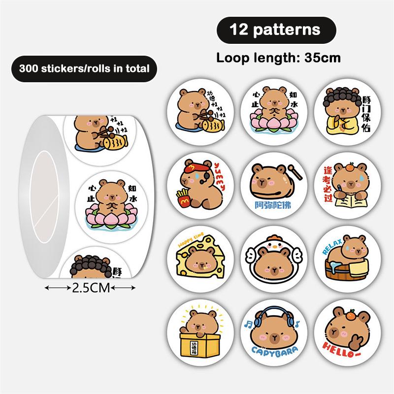300Pcs/Roll Cartoon Animal Sticker Capibara Kapibala Puppy Hand Account Decals Gift Bag Sealing Sticker Cake Baking Label