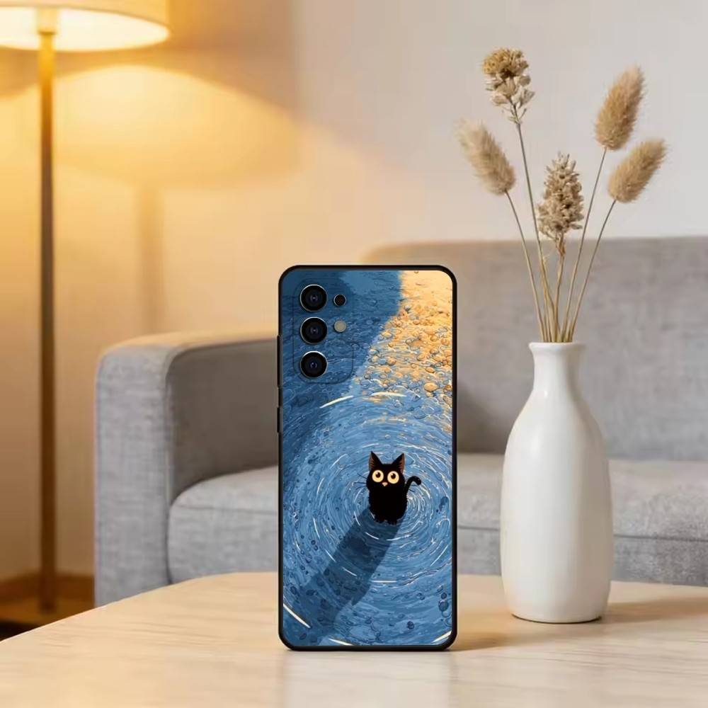 Милая иллюстрация черного кота Чехол для телефона Для Samsung S25, S24, S21, S22, S23, S30, Ultra, S20, Plus, Fe, Мягкий силиконовый черный чехол