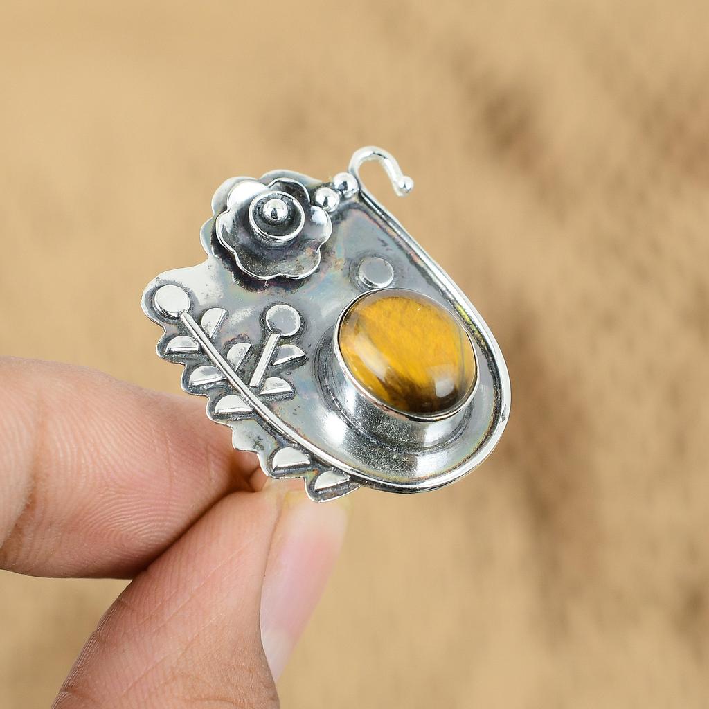 Mothers Day Deal 925 Silver Tiger's Eye Gemstone Handmade Flower Ring Jewelry