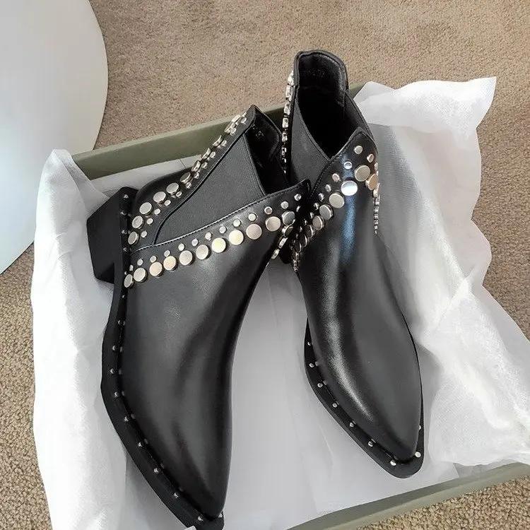 Модные готические женские ботинки Женские ботильоны Сексуальный острый носок Панк-стиль Украшенные заклепками Женские рыцарские ботинки и Модные короткие ботинки
