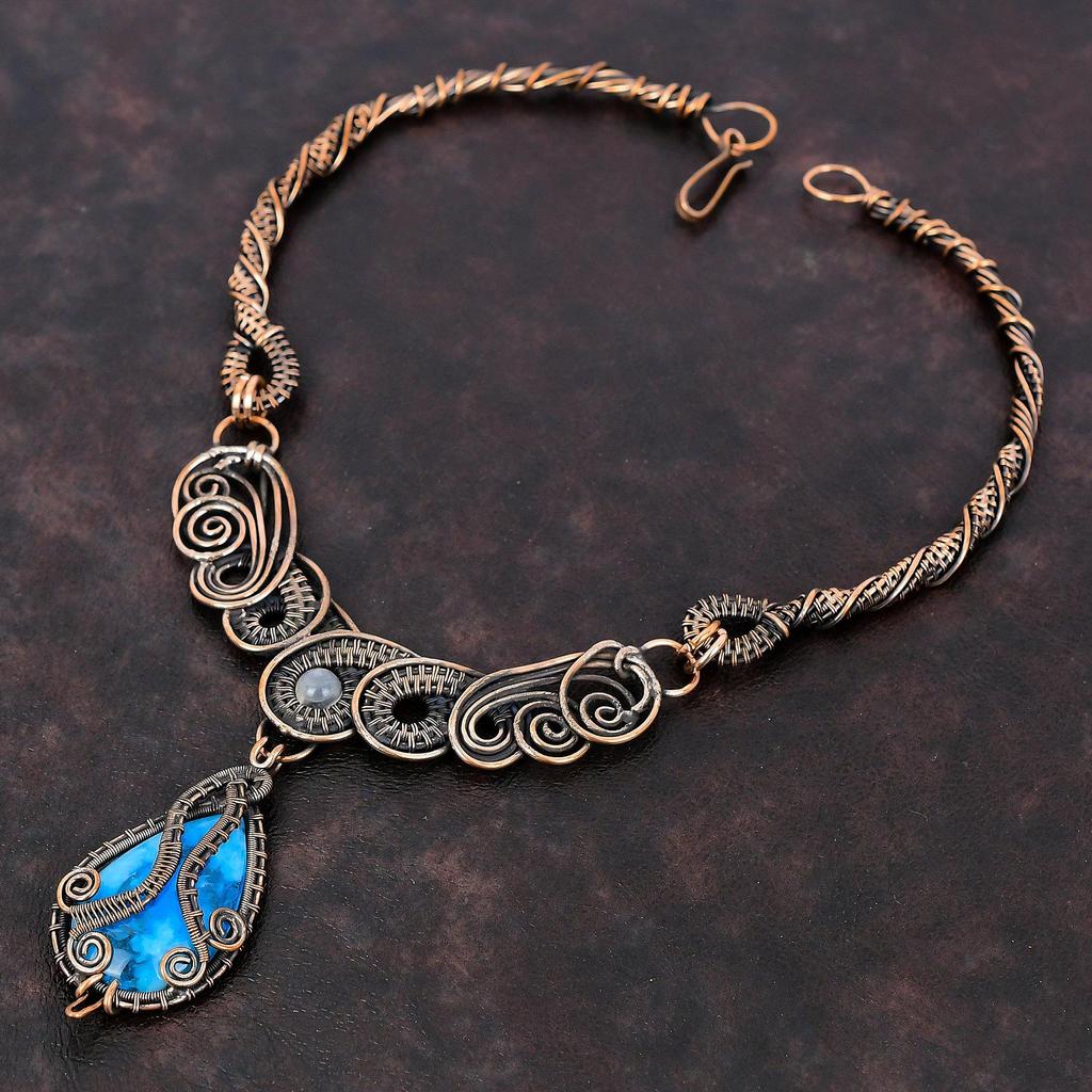 Смитсонитовое ожерелье, ювелирные изделия из медной проволоки, ожерелье из настоящего драгоценного камня, медное ожерелье ручной работы, проволочная обмотка, ожерелье из радужного лунного камня